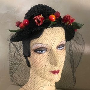 CHARISMATIC 1930s' BLACK STRAW TOQUE WITH IMITATION CHERRIES, FLOWERS & VEIL